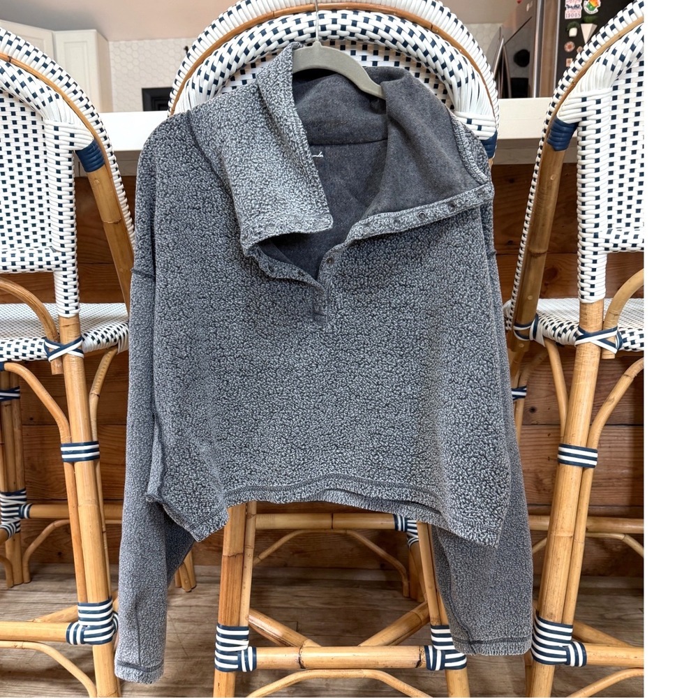 Free People Out From Under Grey Cropped Snap Neck Fleece Pullover Medium